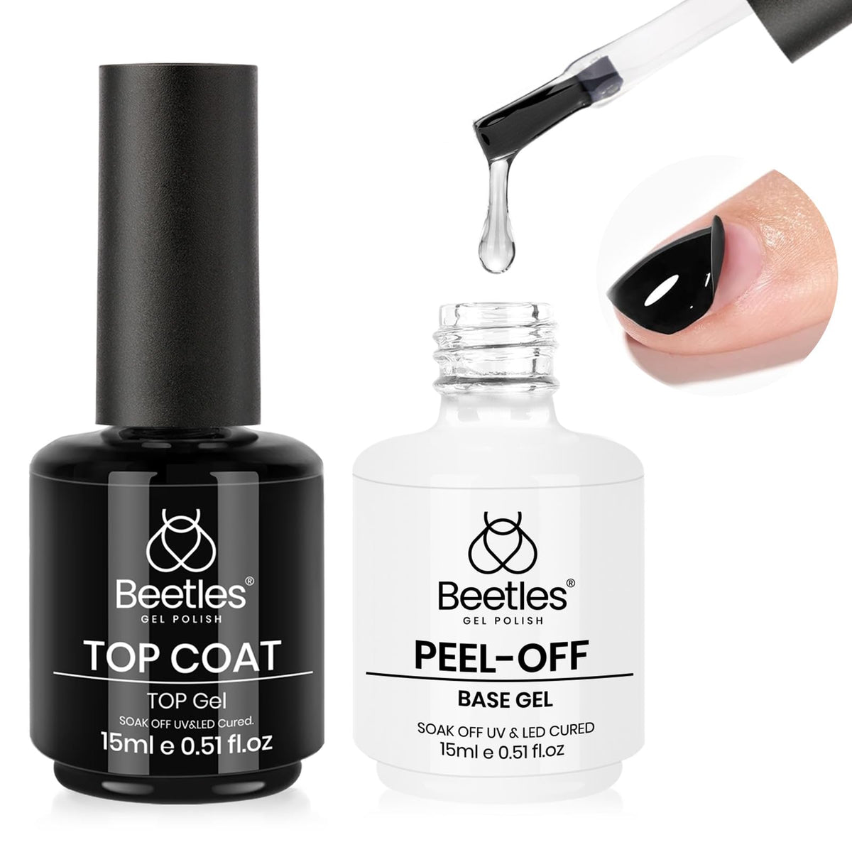 Beetles front packaging showing both 15ml peel off base and top coat and product benefit