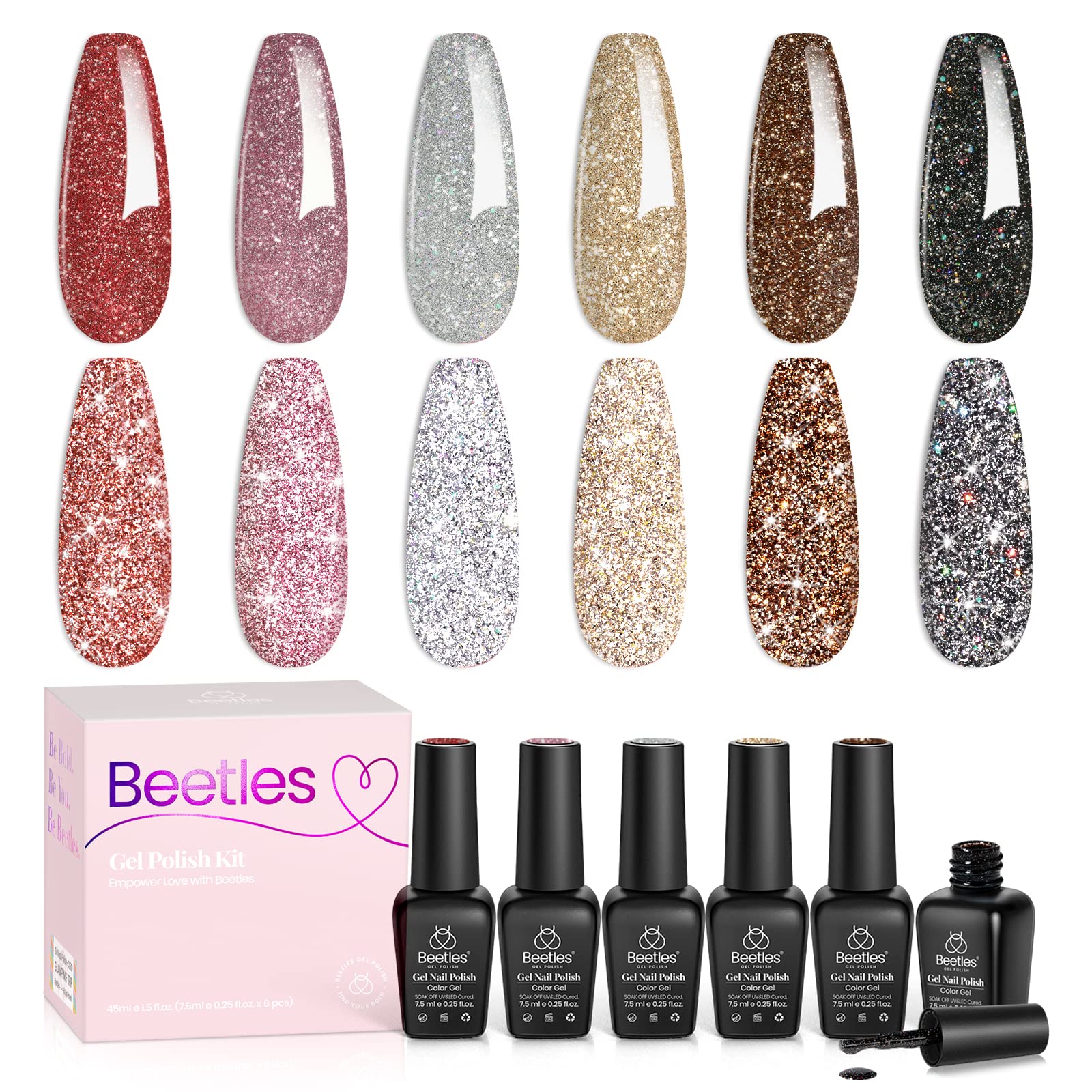 beetles front packaging showing six glitter gel bottles and gift-ready presentation