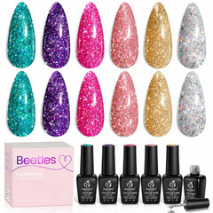 Beetles front packaging showing six glitter gel polish bottles and kit branding for gifting