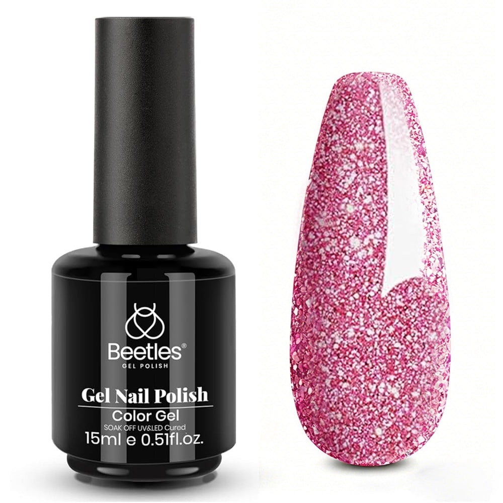 Beetles Gel Polish front packaging showing hot-pink glitter finish and salon benefit