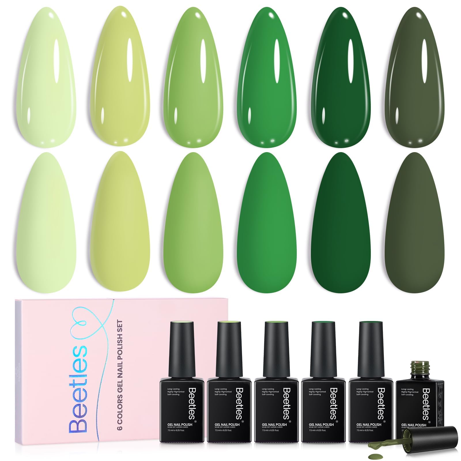 beetles front packaging green set showing six bottles and palette benefit of complete kit