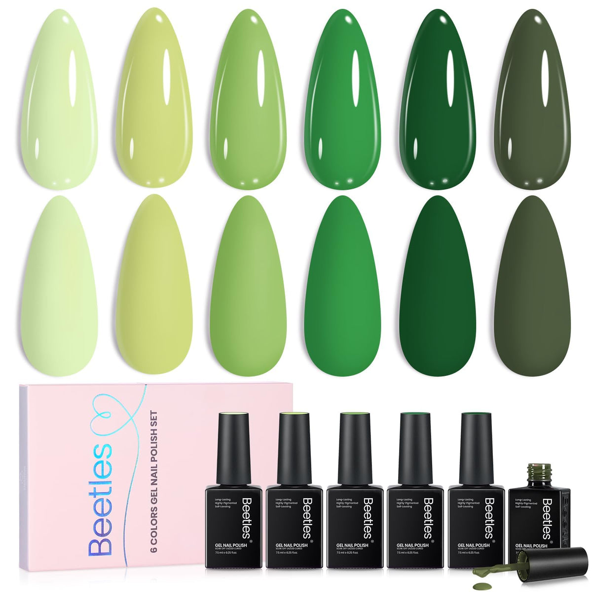 beetles front packaging green set showing six bottles and palette benefit of complete kit