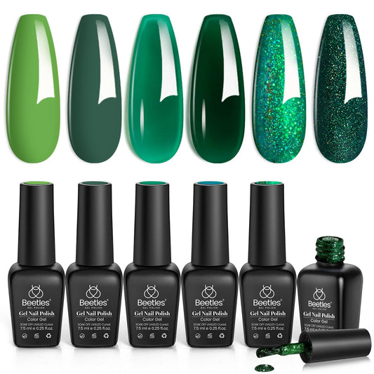 Beetles Gel Polish front packaging showing six green shades and set benefits