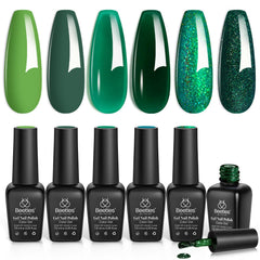 Beetles Gel Polish front packaging showing six green shades and set benefits