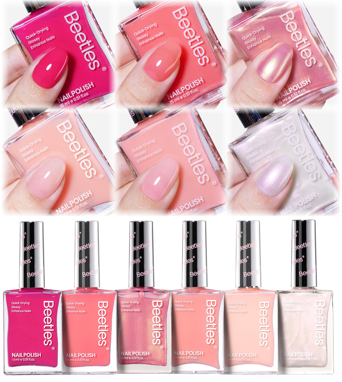 Beetles Gel Polish front packaging showing six shades and quick-dry benefit