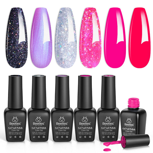beetles Gel Polish front packaging showing six hot pink glitter bottles and gift-ready appeal