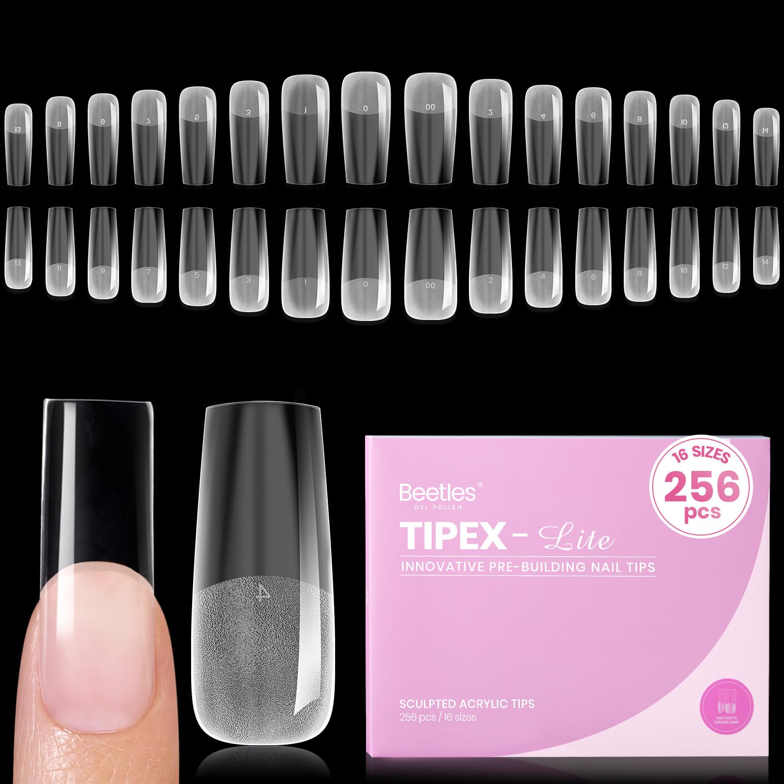 beetles front packaging long square tips showing full set benefit professional look