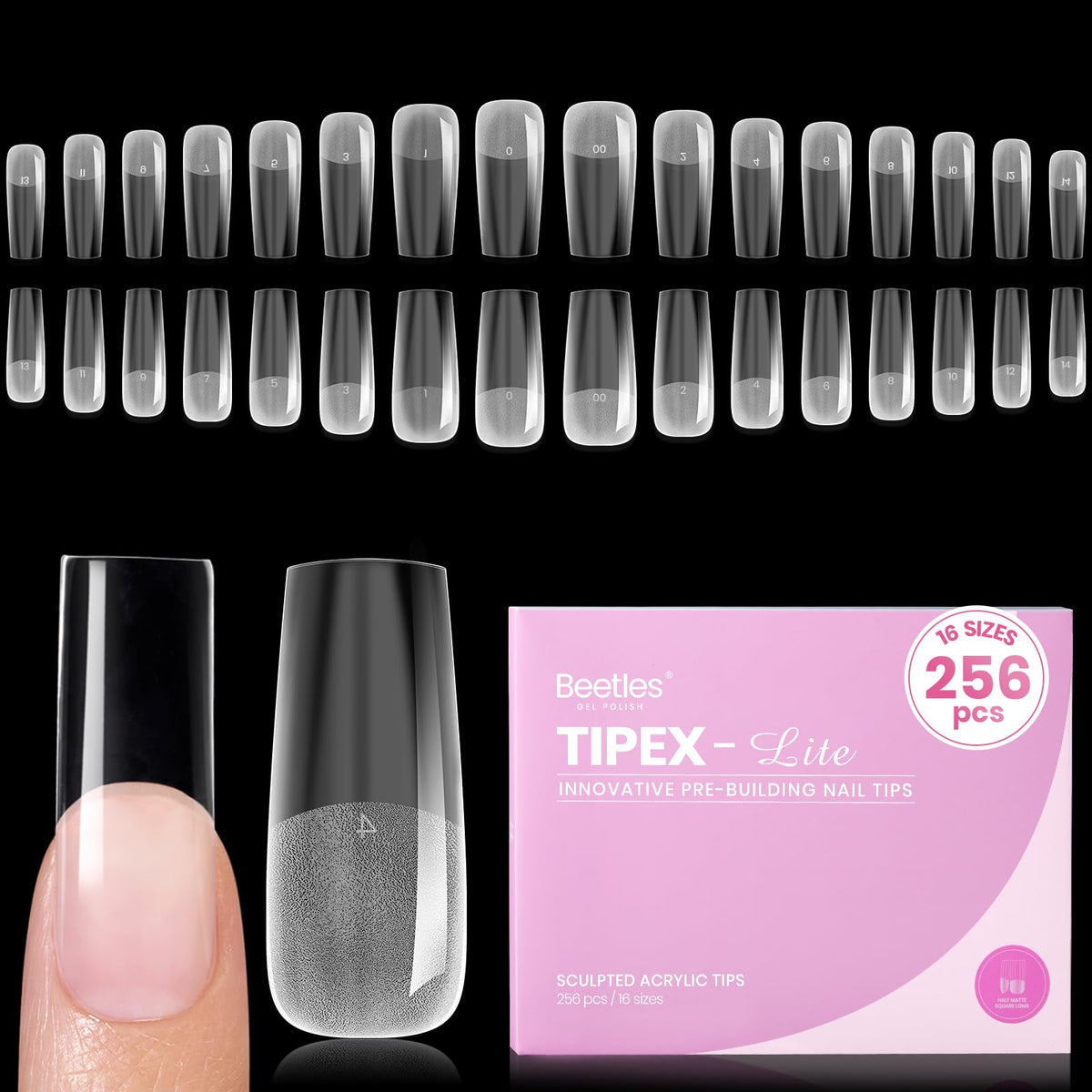 beetles front packaging long square tips showing full set benefit professional look