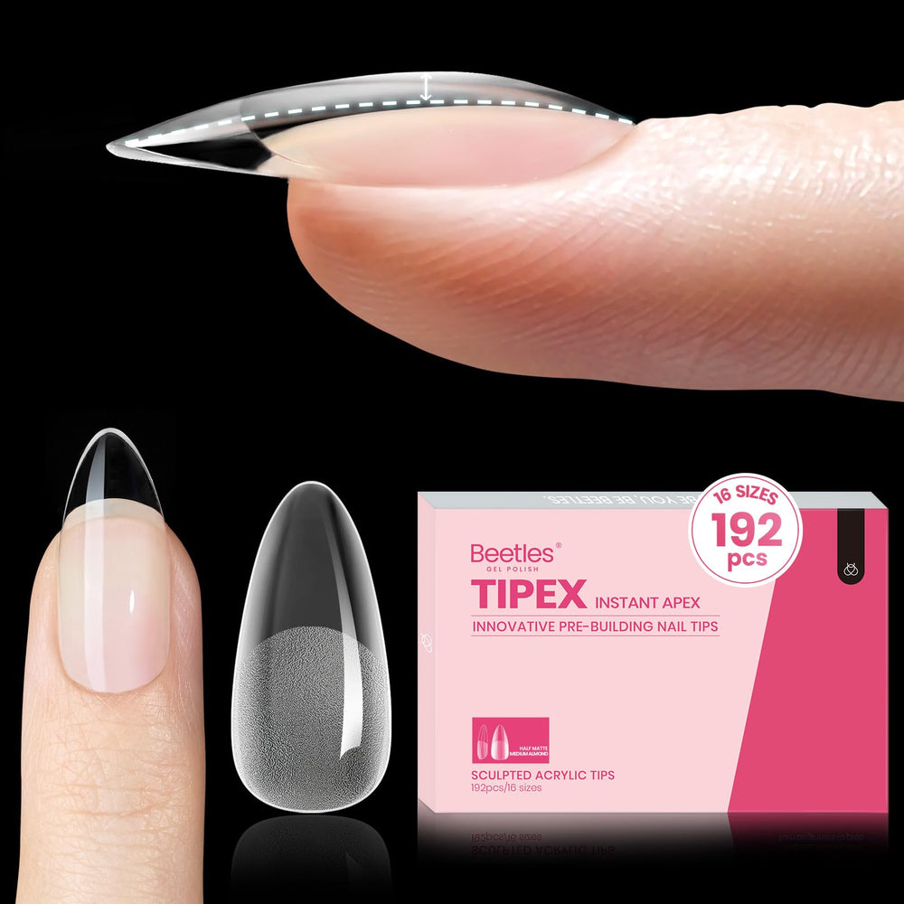 beetles gel polish front packaging showing 192 medium almond tips and contents benefit clarity