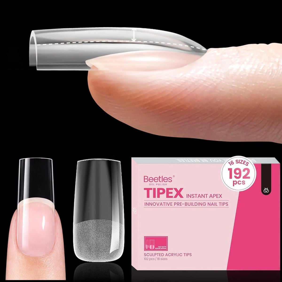 Beetles gel polish front packaging showing 192 tips and organized sizes for convenience