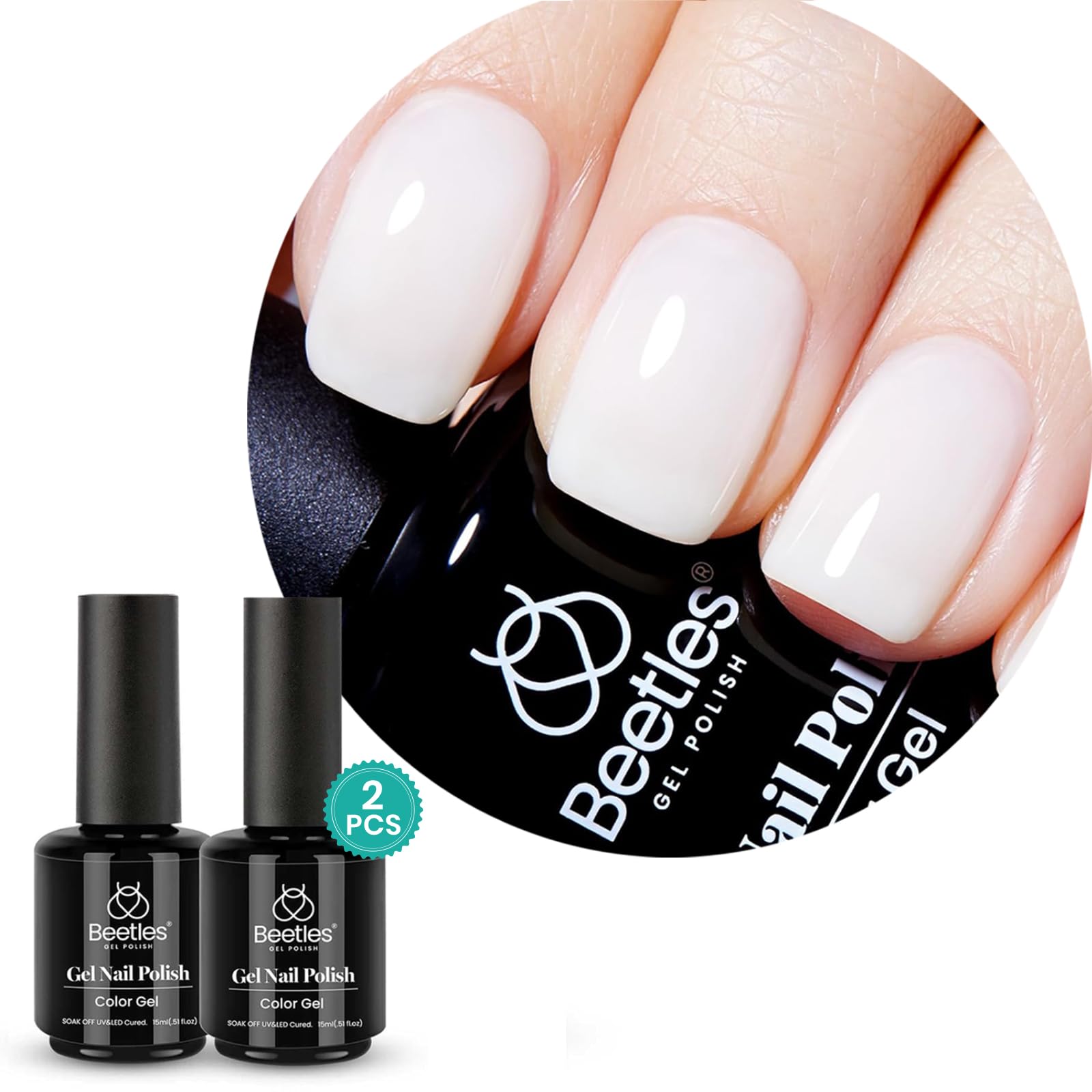 Beetles front packaging showing milky white jelly gel polish, neat presentation benefit