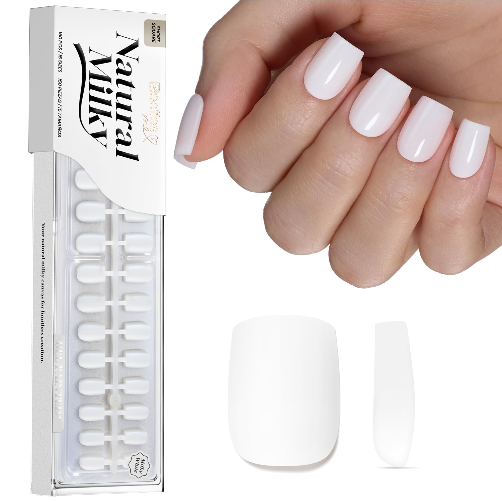 Beetles front packaging showing 150pcs milky white press on nails for easy at-home use
