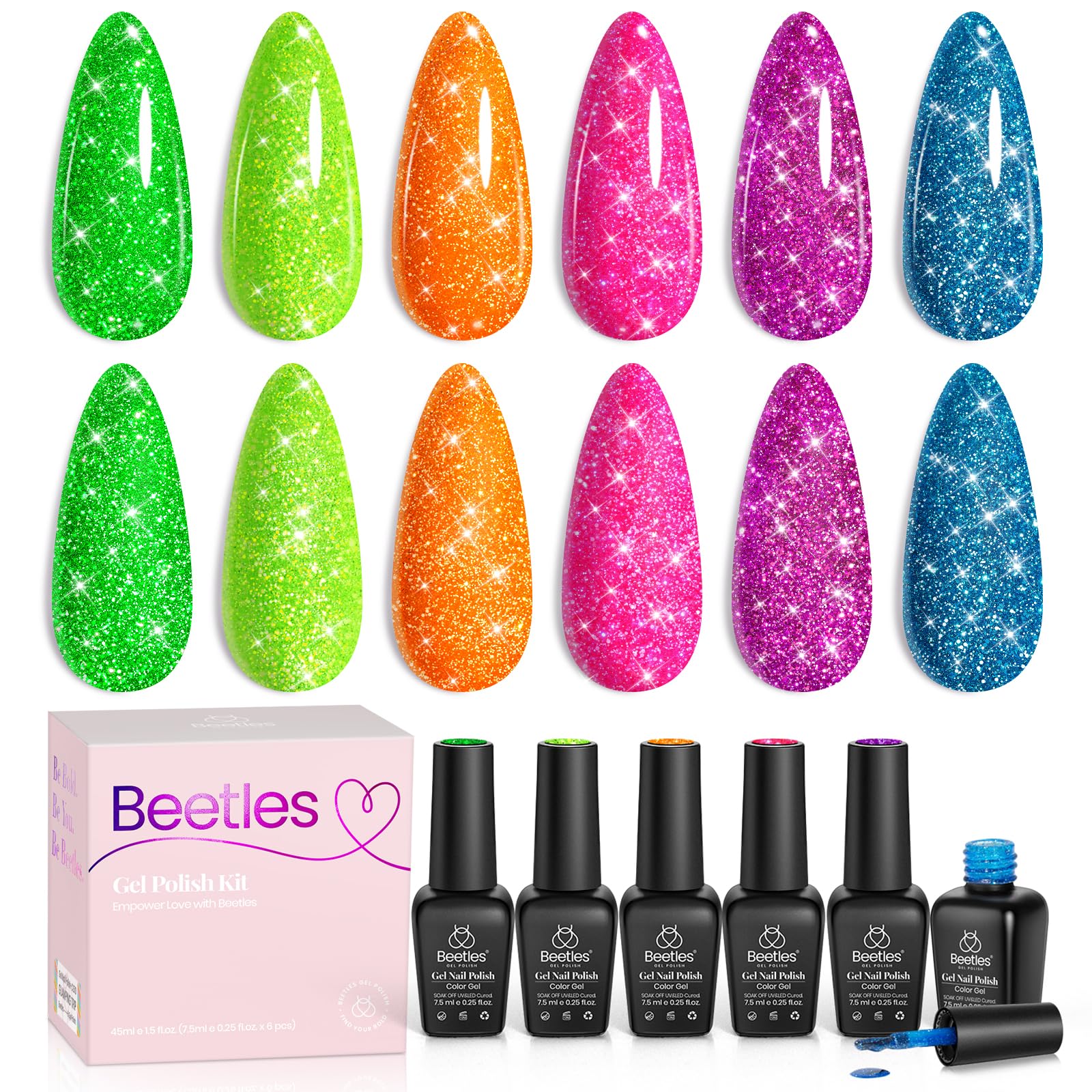 Beetles front packaging showing six neon reflective bottles and bright colors benefit vivid variety
