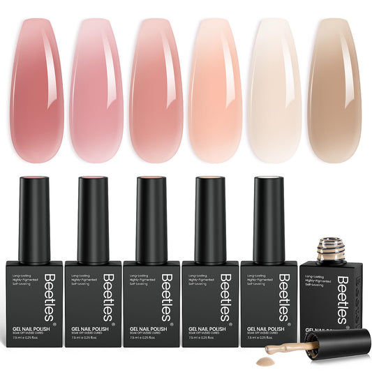 beetles front packaging showing six nude gel bottles and set benefit of color variety