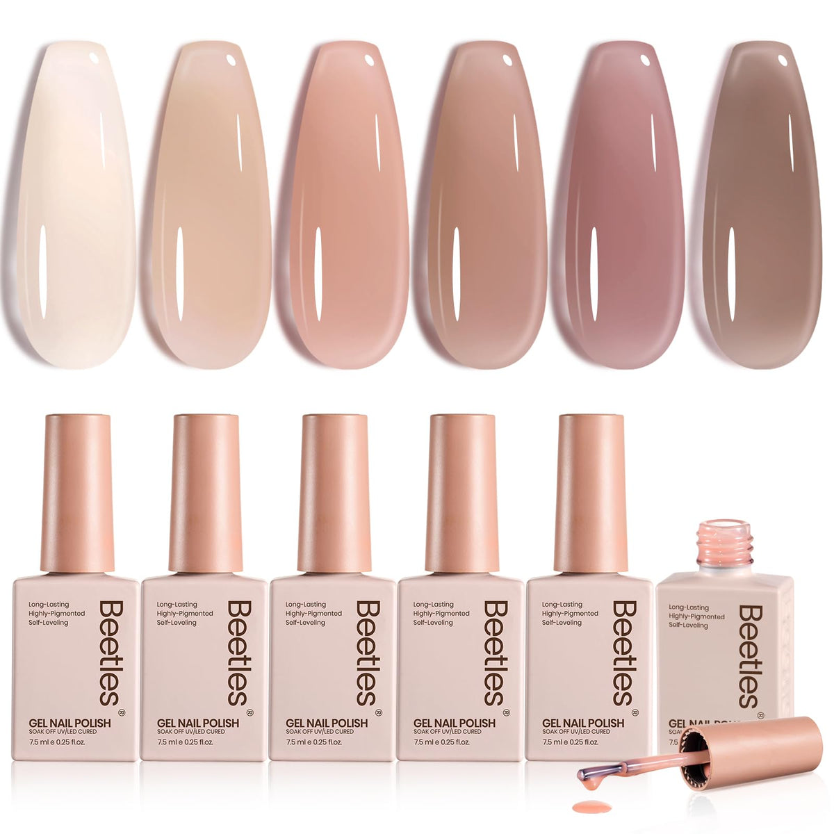 beetles front packaging showing six nude gel bottles and kit branding benefit quick shade selection