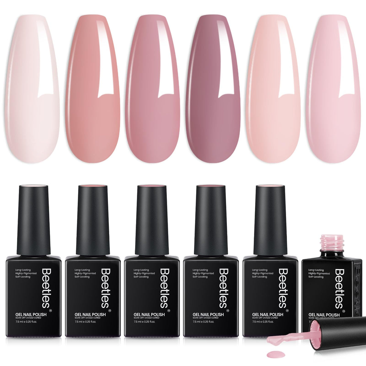 beetles front packaging showing six nude pink bottles and attractive palette benefit: versatile daily colors