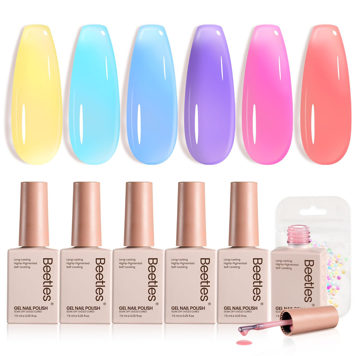 Beetles front packaging showing six pastel jelly bottles and kit benefits
