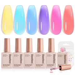 Beetles front packaging showing six pastel jelly bottles and kit benefits