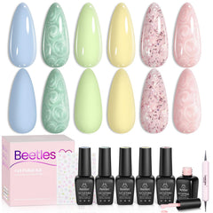 beetles front packaging showing six pastel bottles and accessories — gift-ready set benefit