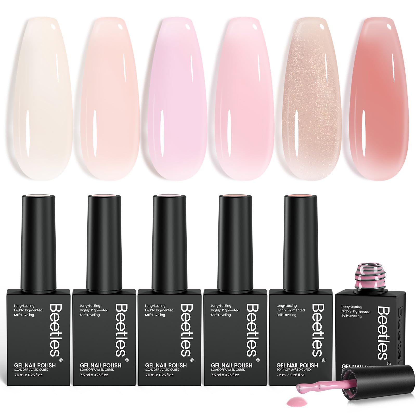 beetles front packaging showing six nude peach gel bottles for versatile looks