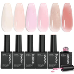 beetles front packaging showing six nude peach gel bottles for versatile looks