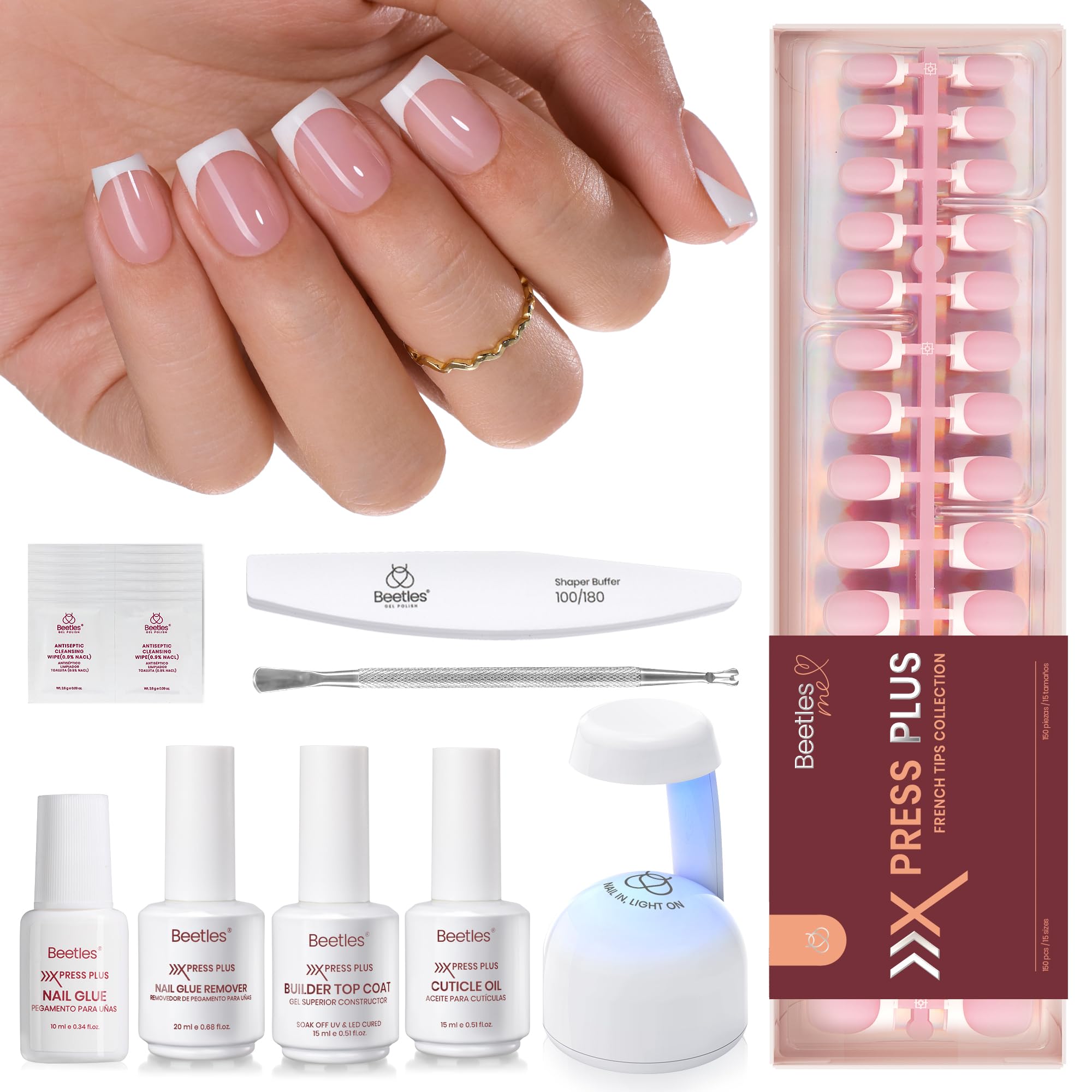 beetles front packaging showing pearl French press-on nails and kit benefits
