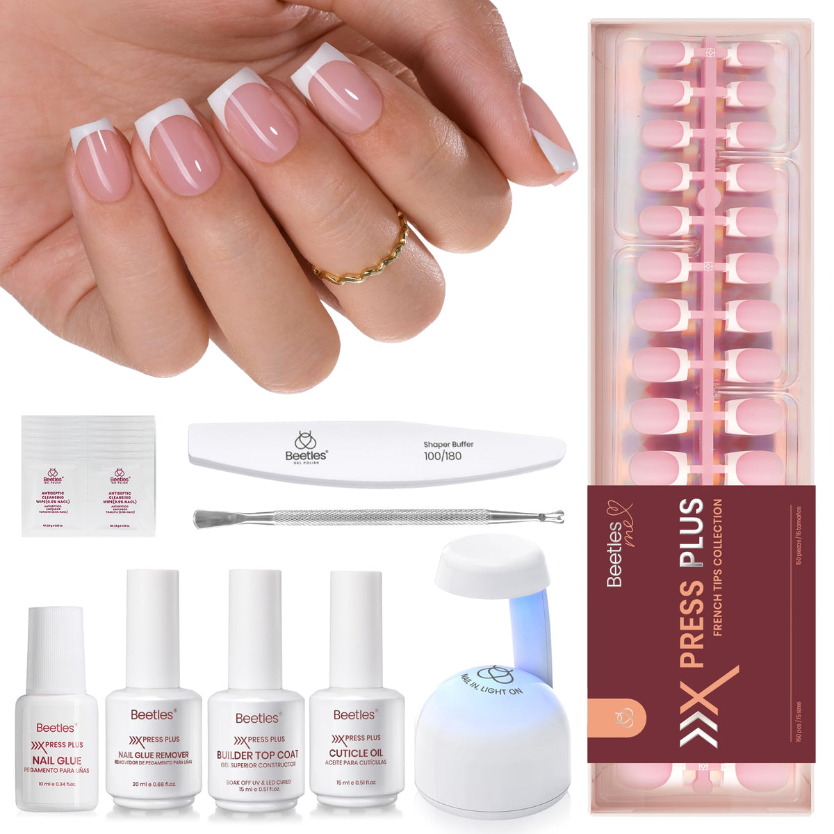 beetles front packaging showing pearl French press-on nails and kit benefits
