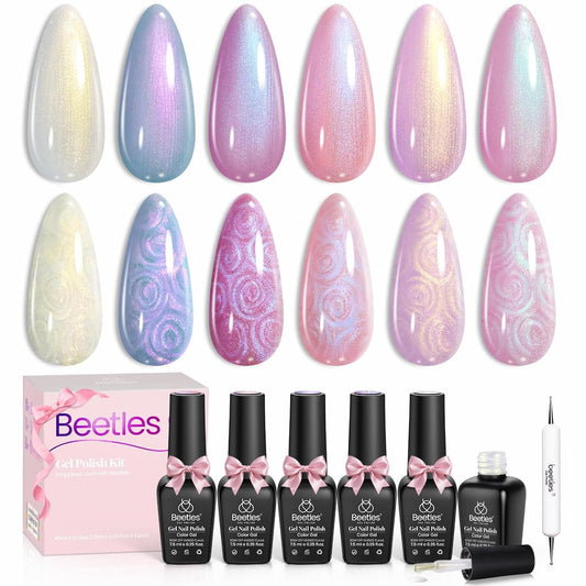 beetles gel polish front packaging showing six shimmer bottles and dotting pen for easy selection