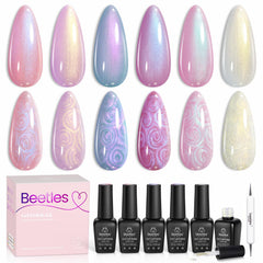 beetles Gel Polish front packaging showing six pearly bottles and benefits