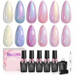 beetles gel polish front packaging showing six shimmer bottles and dotting pen for easy selection