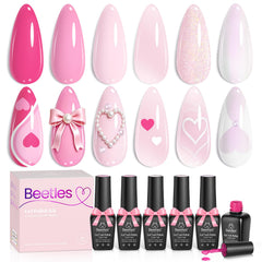 beetles front packaging pink gel set showing six bottles and box, conveys cohesive gift appeal