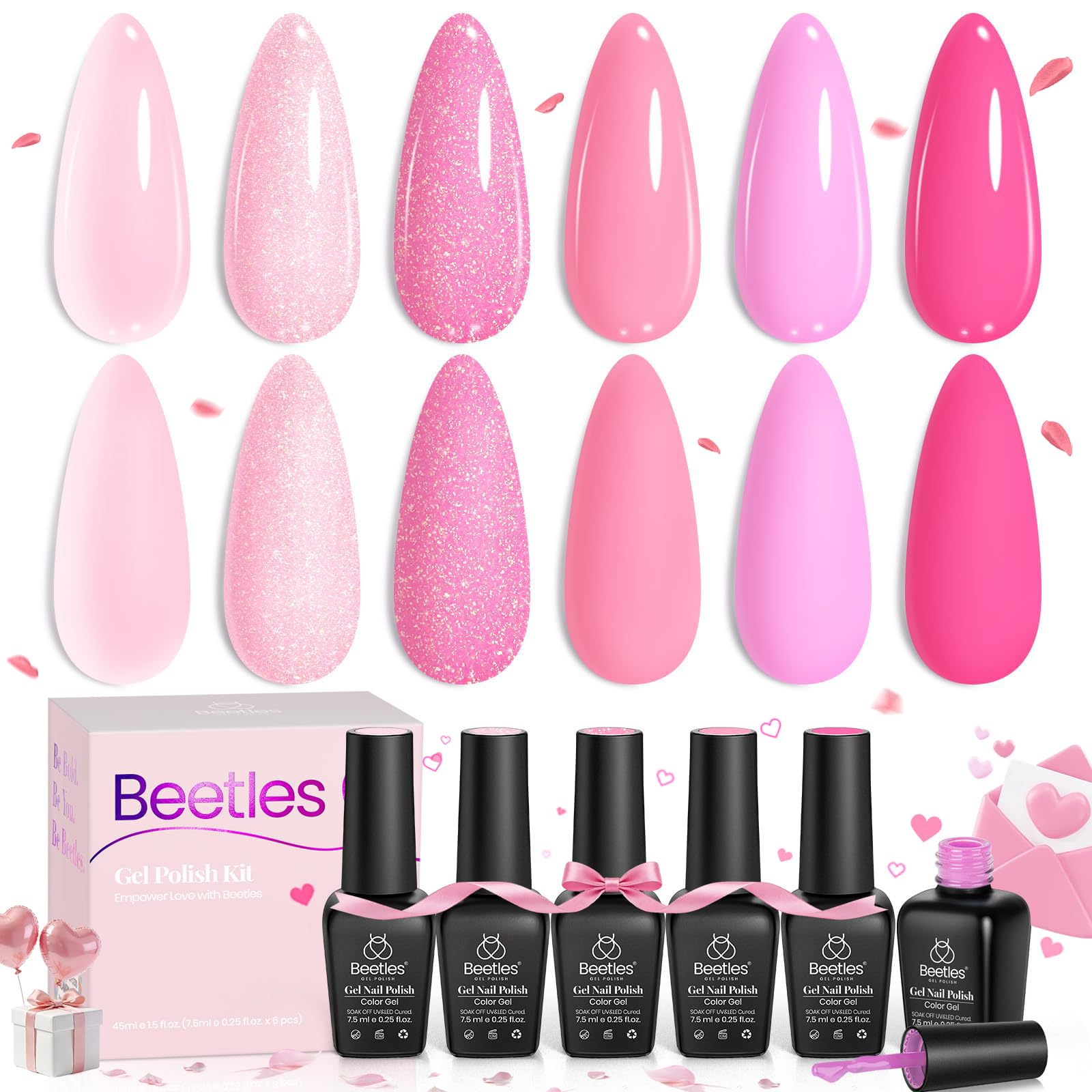 beetles front packaging pink set showing six mini bottles, clear organization and variety
