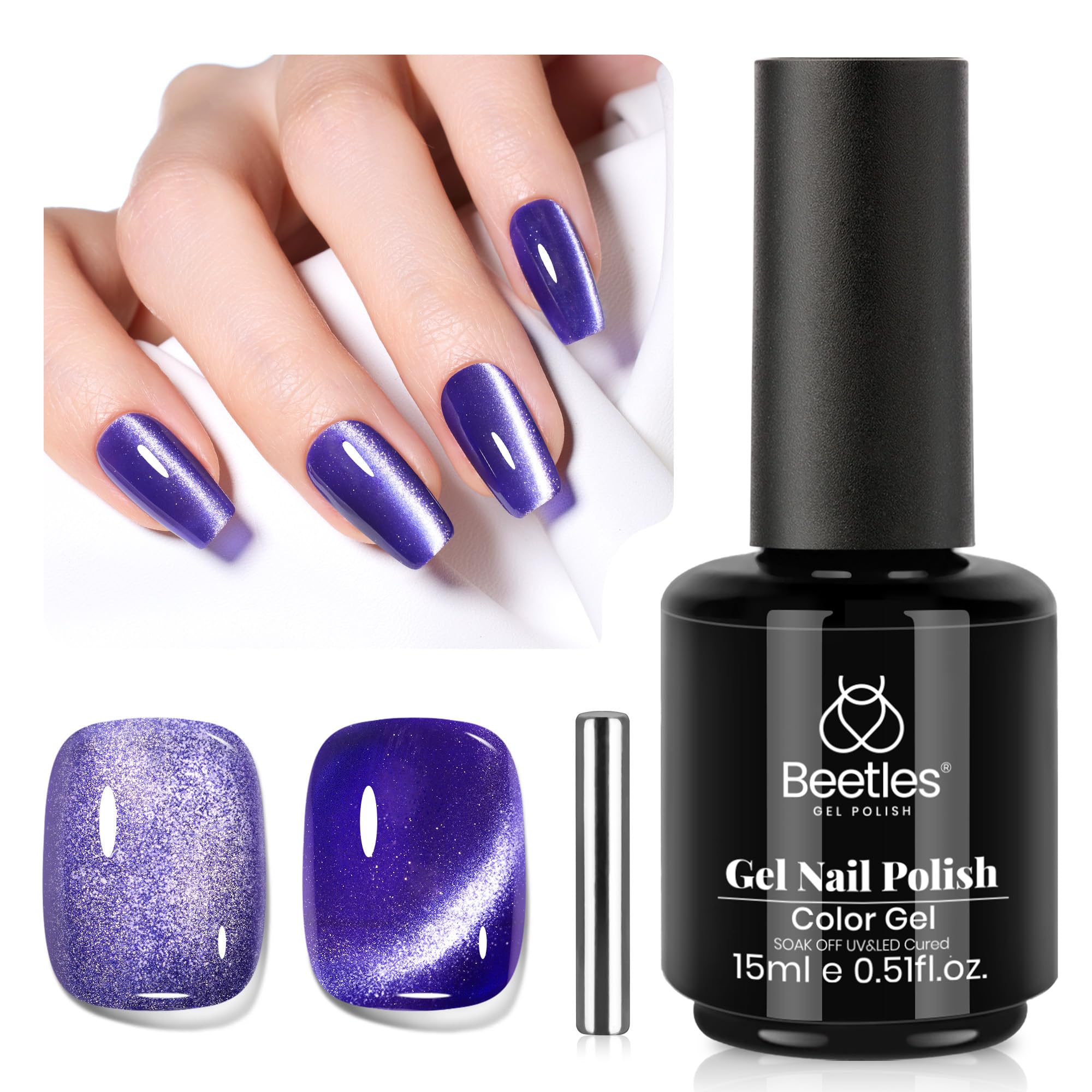 Beetles front packaging showing purple cat eye bottle and glitter finish benefit shine