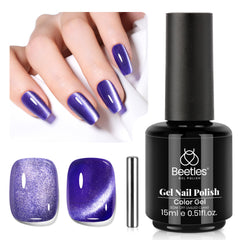 Beetles front packaging showing purple cat eye bottle and glitter finish benefit shine