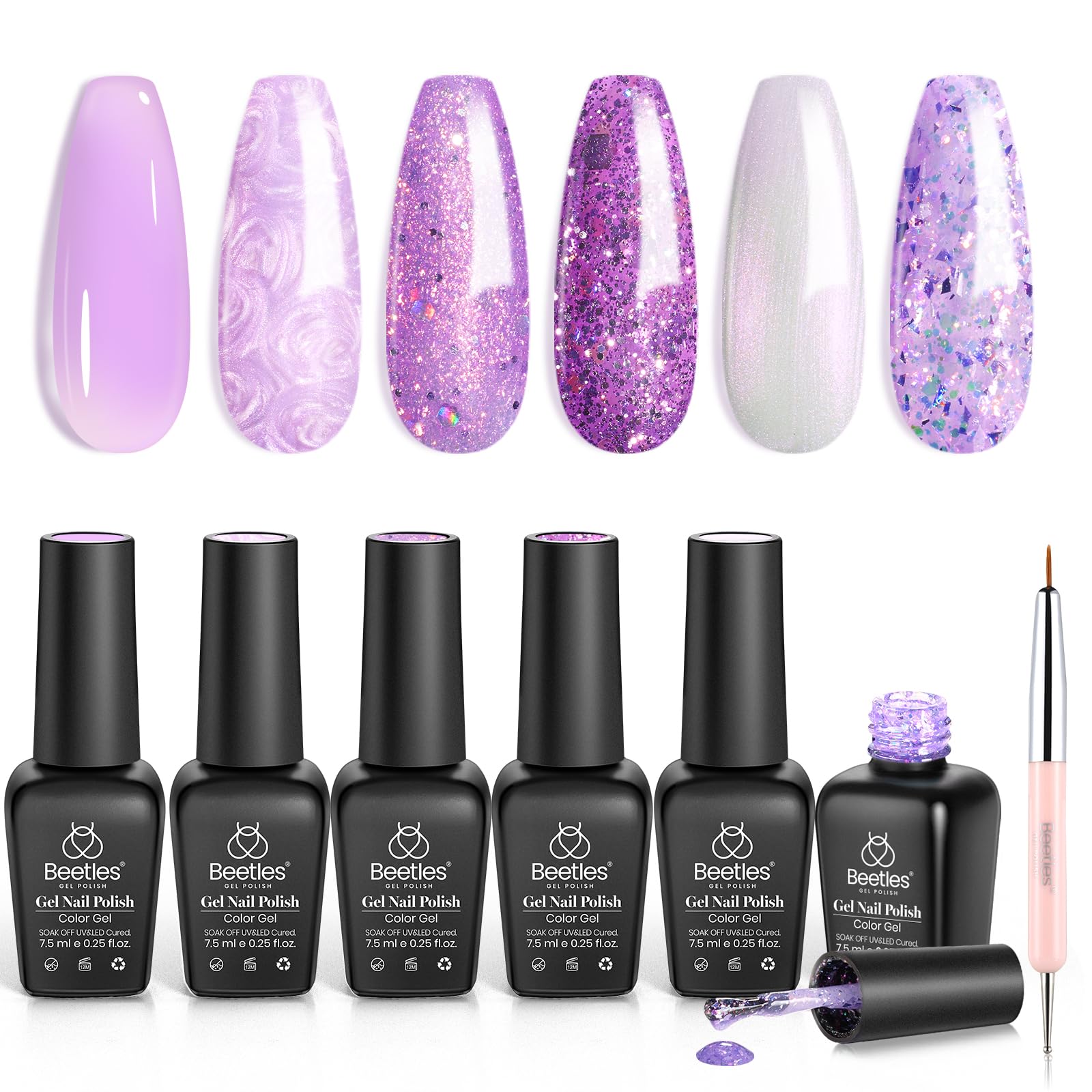 beetles front packaging showing six purple gel bottles and brush, highlighting variety