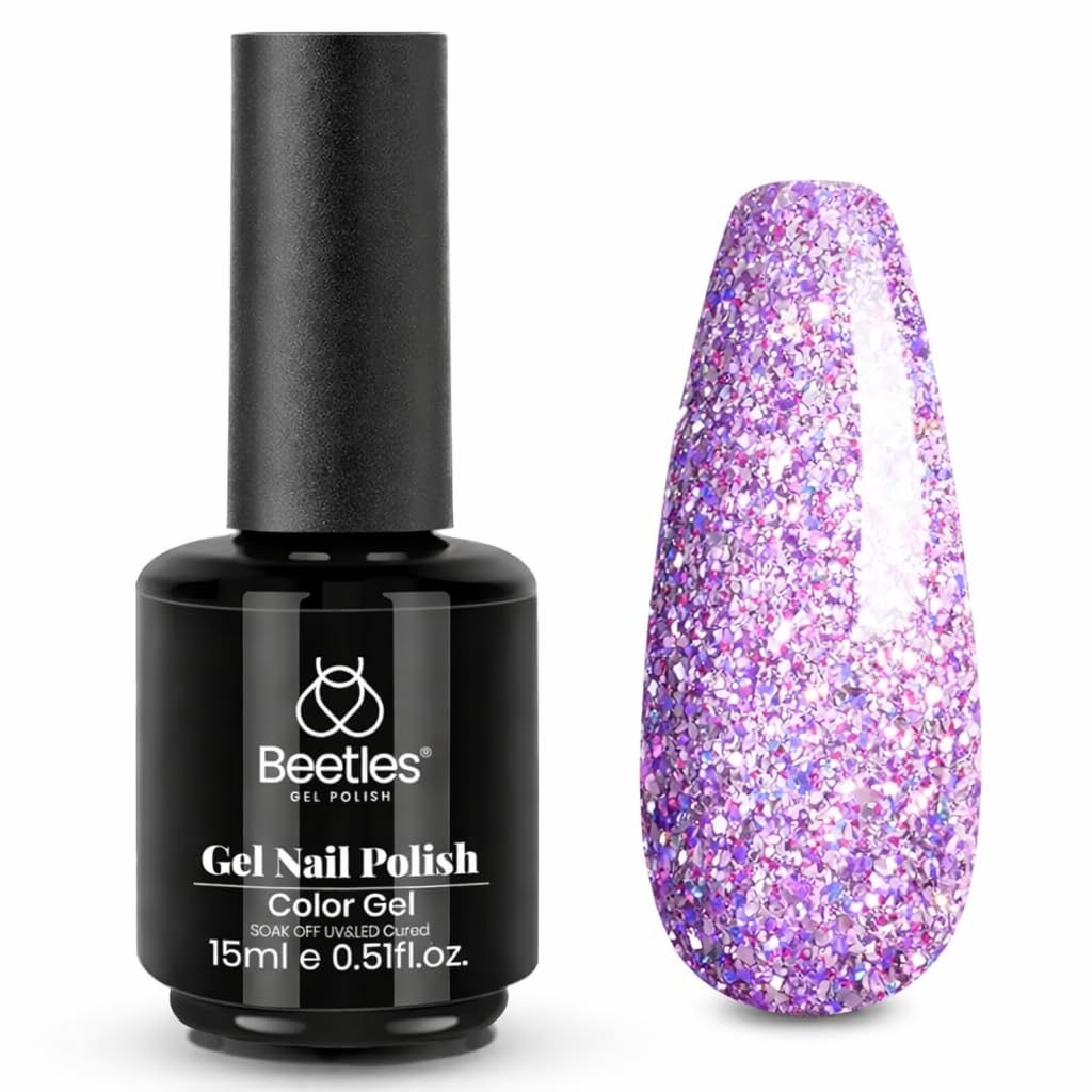 beetles Gel Polish front packaging showing purple glitter and glossy finish benefit