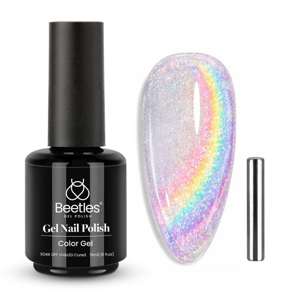Beetles bottle front packaging showing rainbow cat eye polish and shiny finish
