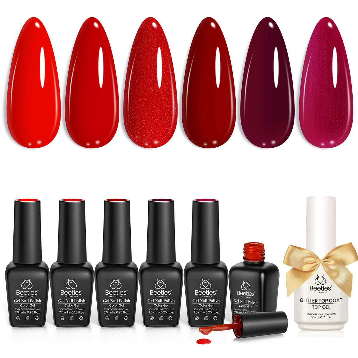 beetles front packaging showing full red gel set and clear labeling benefit: easy gift-ready kit