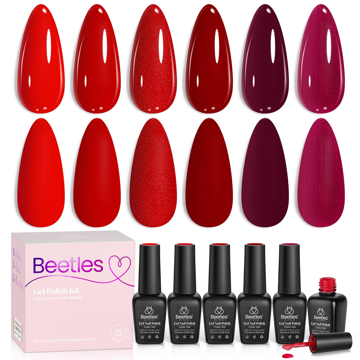 beetles front packaging showing six red gel polish bottles and gift-ready box