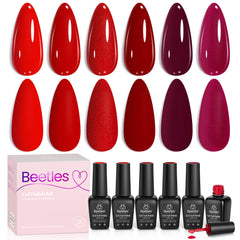 beetles front packaging showing six red gel polish bottles and gift-ready box