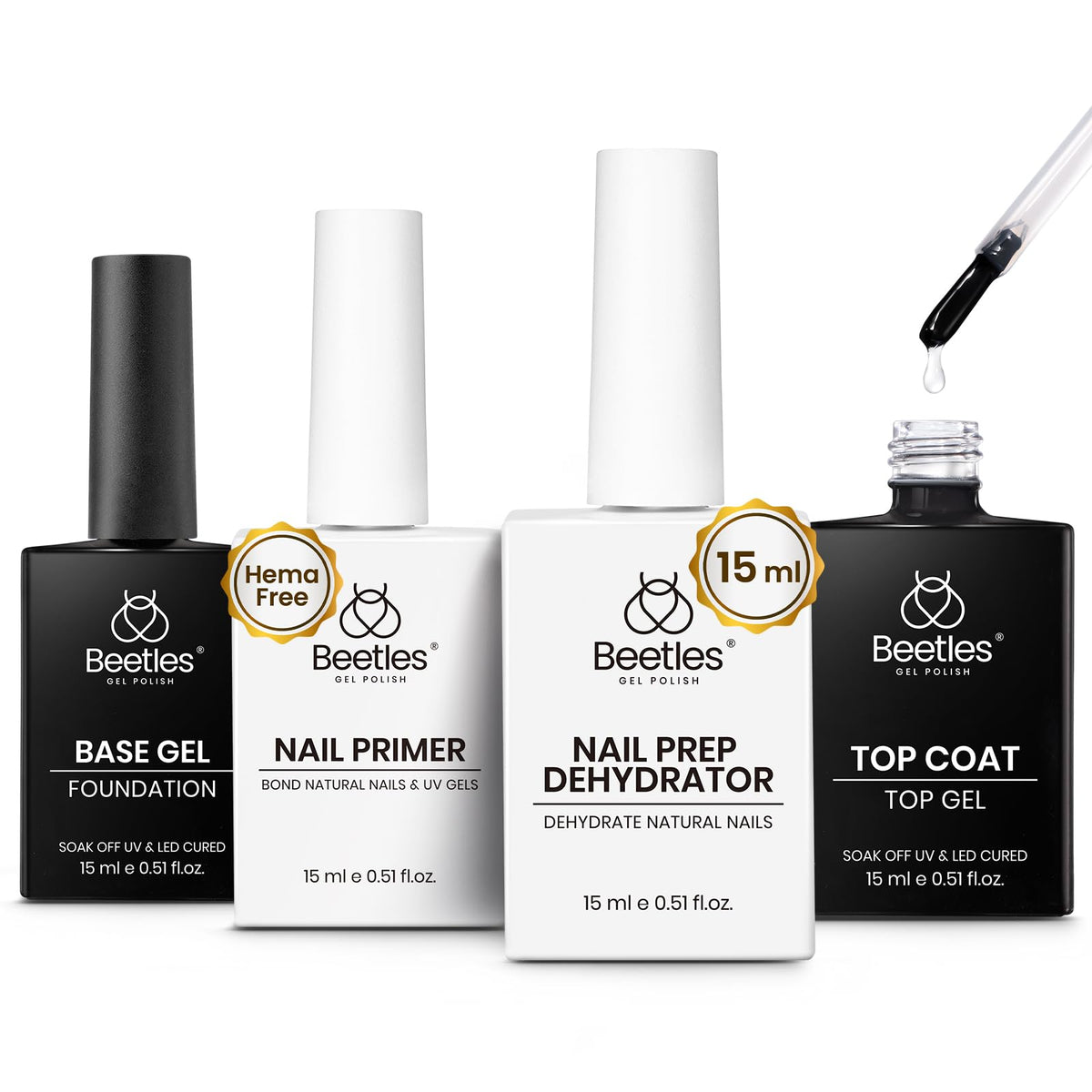 Beetles front packaging of 4-piece gel prep kit showing contents and benefits
