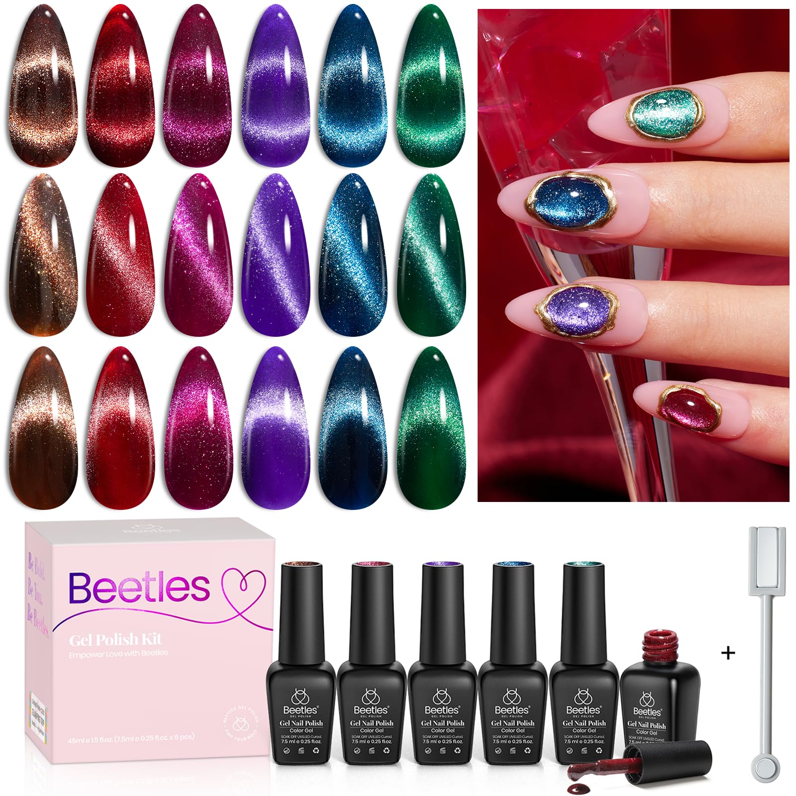 beetles front packaging set showing six colorful bottles and magnet — premium gift