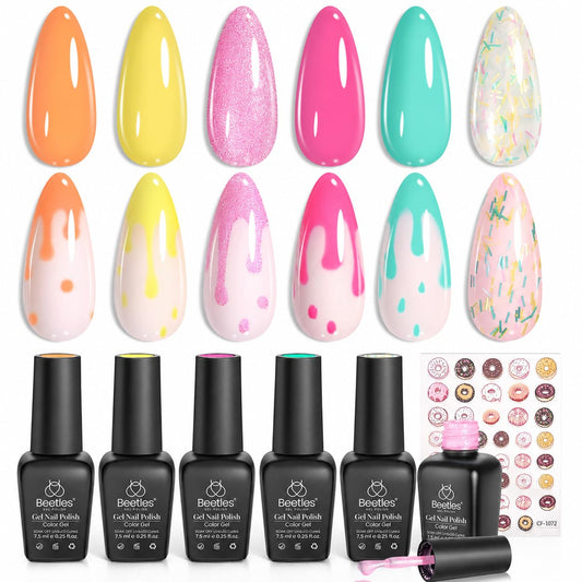 beetles front packaging set showing six pastel bottles and box, bright presentation