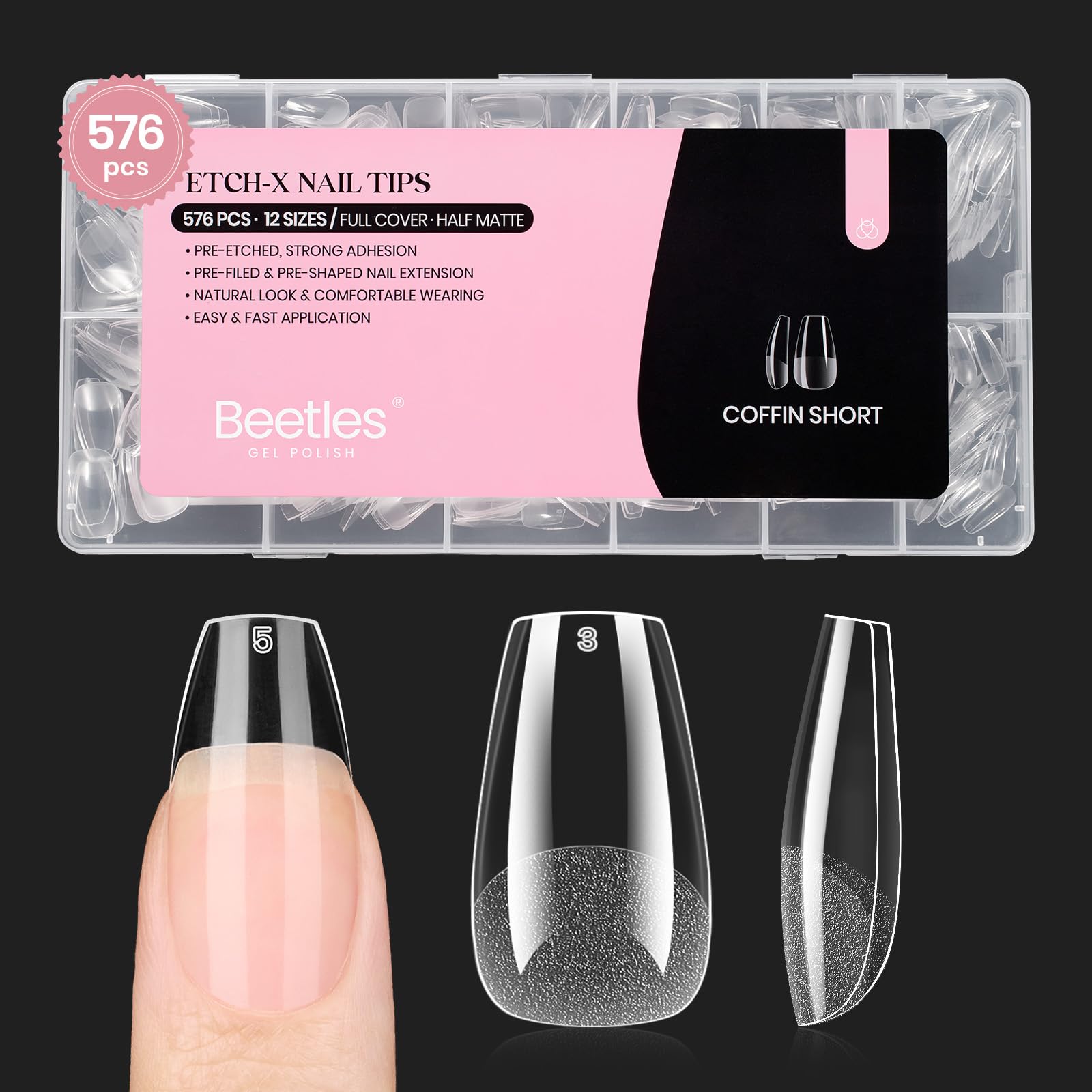 beetles gel polish front packaging showing short coffin nails and quantity, clear product view