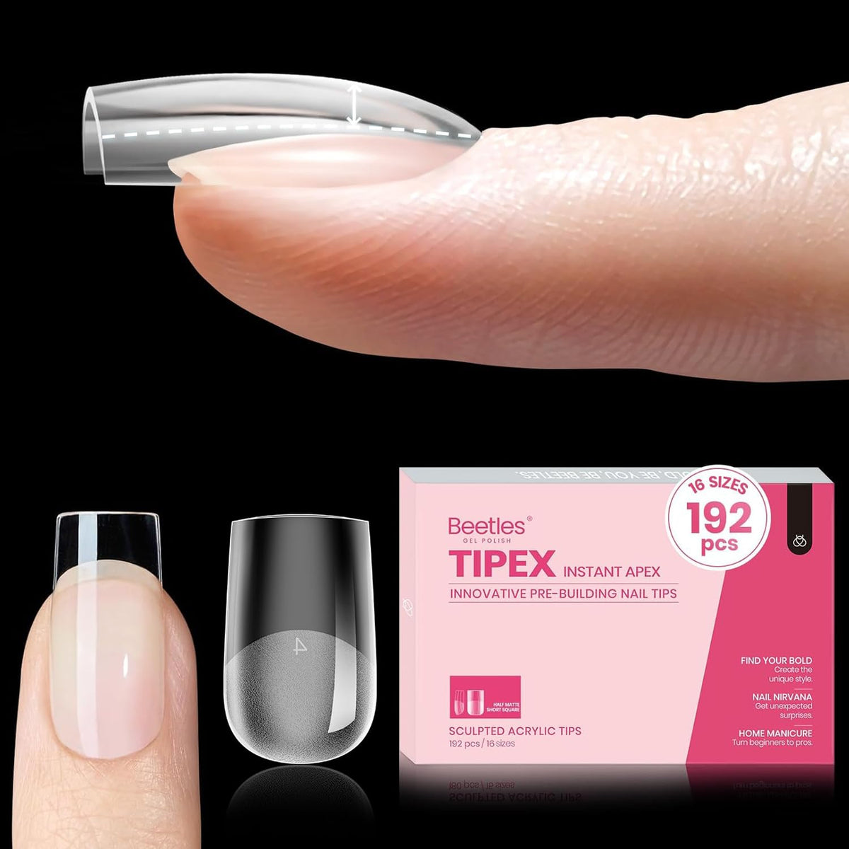 Beetles Gel Polish front packaging showing 192 short square tips and set benefits