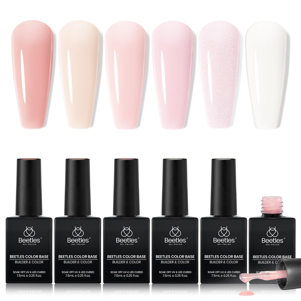 Beetles Gel Polish front packaging showing six nude jelly 7.5ml bottles benefits a full shade set