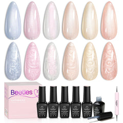 Beetles six-bottle set front view showing pearl gel colors and compact packaging benefit long-lasting variety