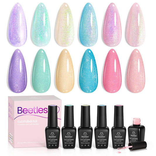 beetles Gel Polish front packaging showing six glitter bottles for variety