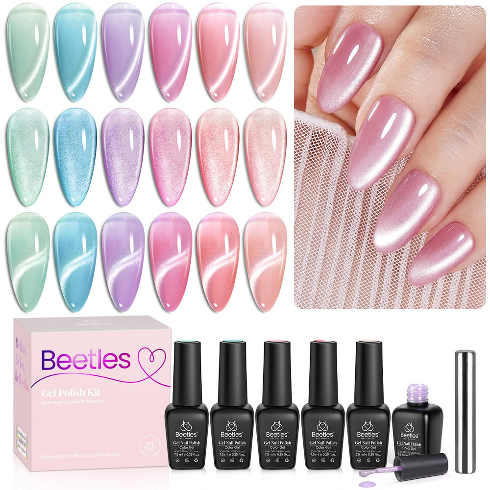 beetles front packaging showing six pastel shades and kit contents, highlights variety