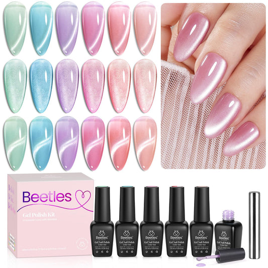 beetles front packaging showing six pastel shades and kit contents, highlights variety
